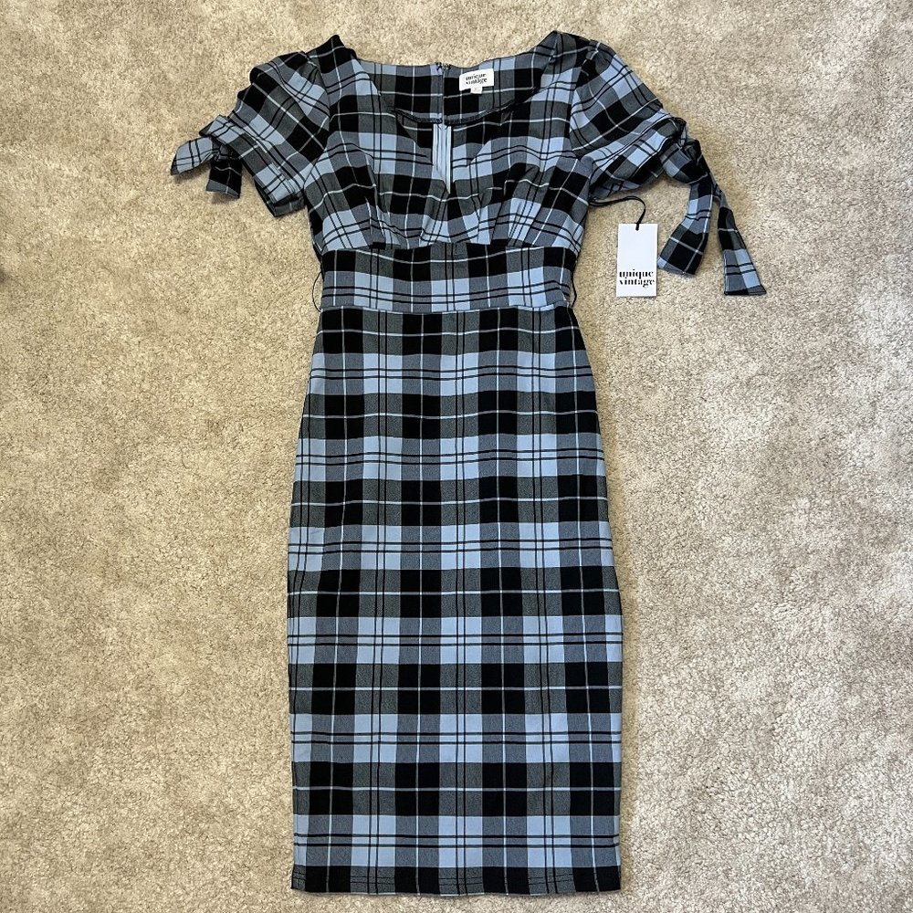 Unique Vintage Dress Size Large 10 12 Lydia Wiggle Light Blue Black Plaid NWT